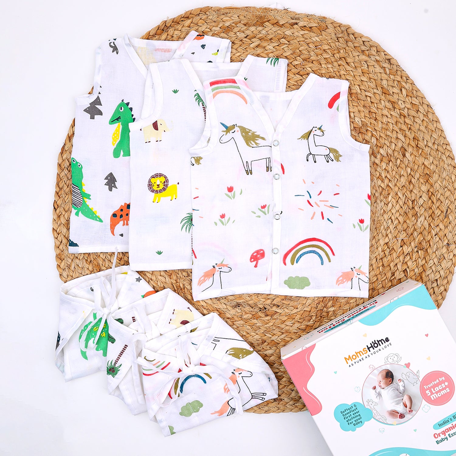 Baby Unisex Organic Cotton Muslin Jhabla and Nappy Set| Dinopark, Lion Jungle, Unicorn |  Pack of 3