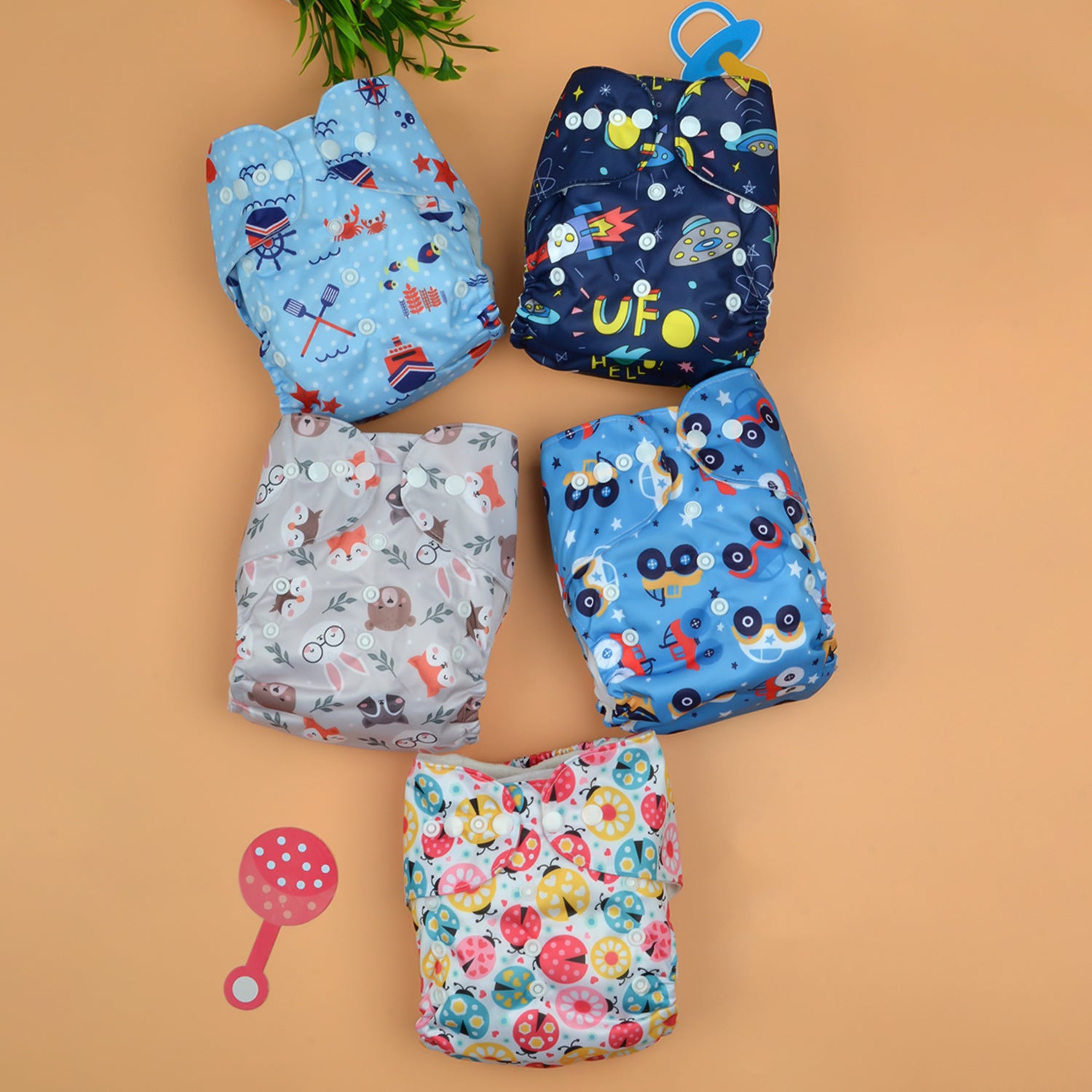 Baby Resusable Cotton Printed Pocket Diapers With 1 Insert | 0-12 Months | Pack of 5