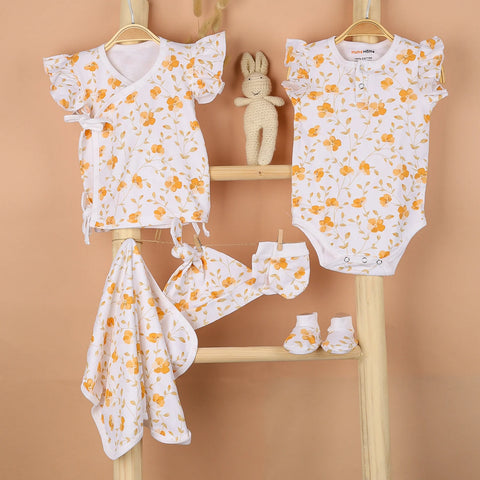 New Born Baby Gift Hamper | Baby Shower Gift Hamper | Baby Essential Clothes Set | Bloom | Pack of  7