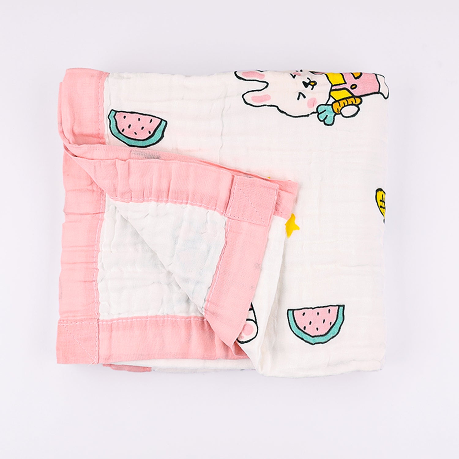 Baby Muslin 6 Layer Muslin blanket Cum Towel- 100X100 CM | 0-3 Years | Pink Bunny