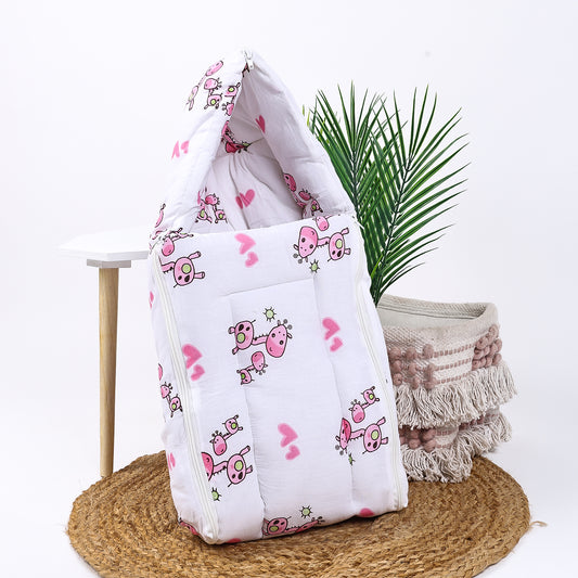 Baby Organic Cotton Muslin Sleeping cum Carrying Nest Bag- Pink Giraffe- 0-3 Months