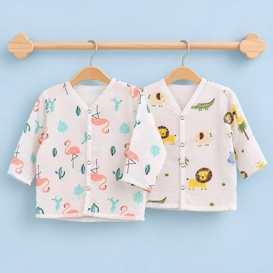 Baby Unisex Organic Cotton Muslin Full Sleeves Jhabla | Lion, Flamingo | Pack of 2