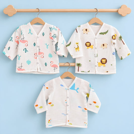 Baby Unisex Organic Cotton Muslin Full Sleeves Jhabla | Whale, Flamingo, Lion | Pack of 3