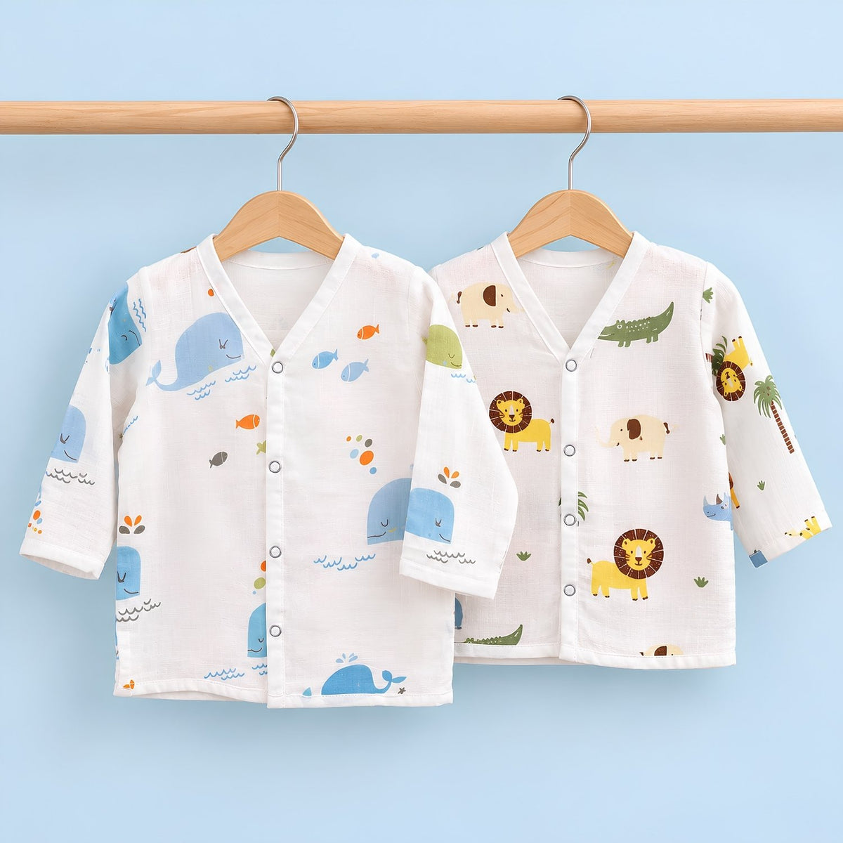 Baby Unisex Organic Cotton Muslin Full Sleeves Jhabla | Lion, Whale | Pack of 2