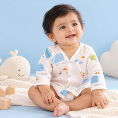 Baby Unisex Organic Cotton Muslin Full Sleeves Jhabla | Lion, Whale | Pack of 2