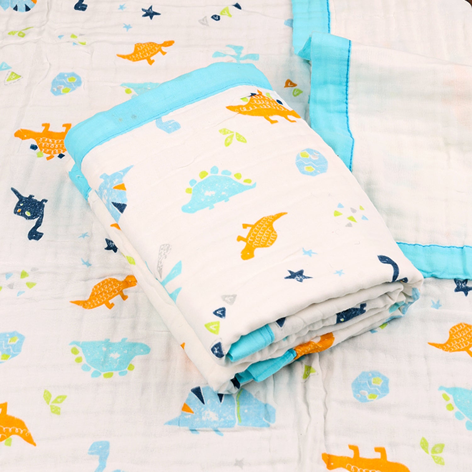 Baby Muslin 6 Layer Muslin blanket Cum Towel- 100X100 CM | 0-3 Years | Blue Dino