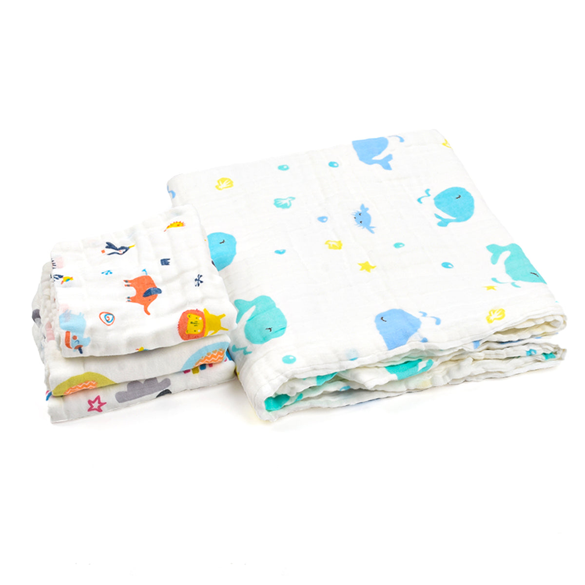 Baby Super Soft Absorbent Muslin  6 Layer Bath Towel & Napkin Combo - Pack of 4 -  Whale