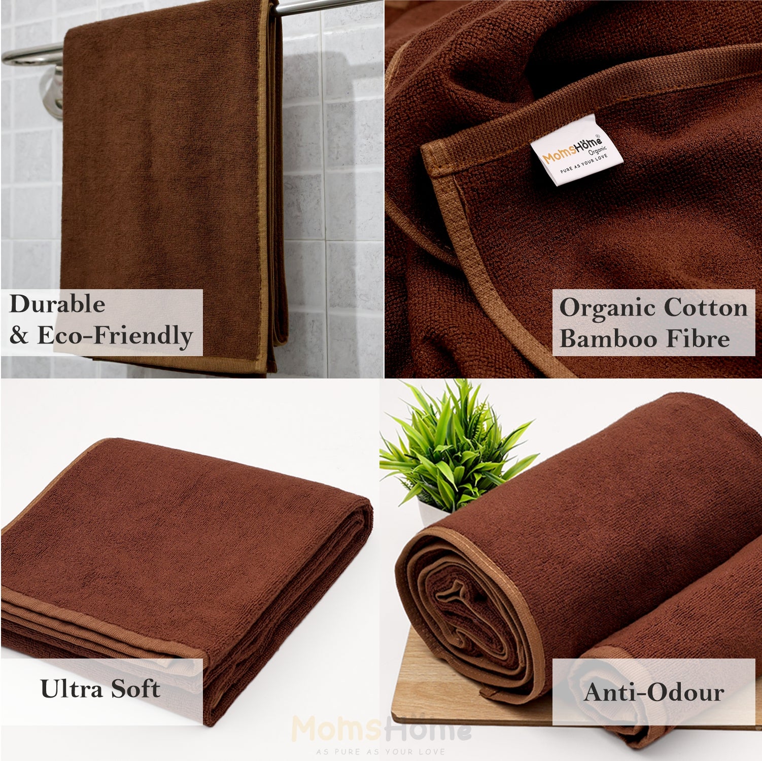 Moms Home Organic Cotton Bamboo 1 Bath Towel & 2 Hand Towels Set | Pack of 3