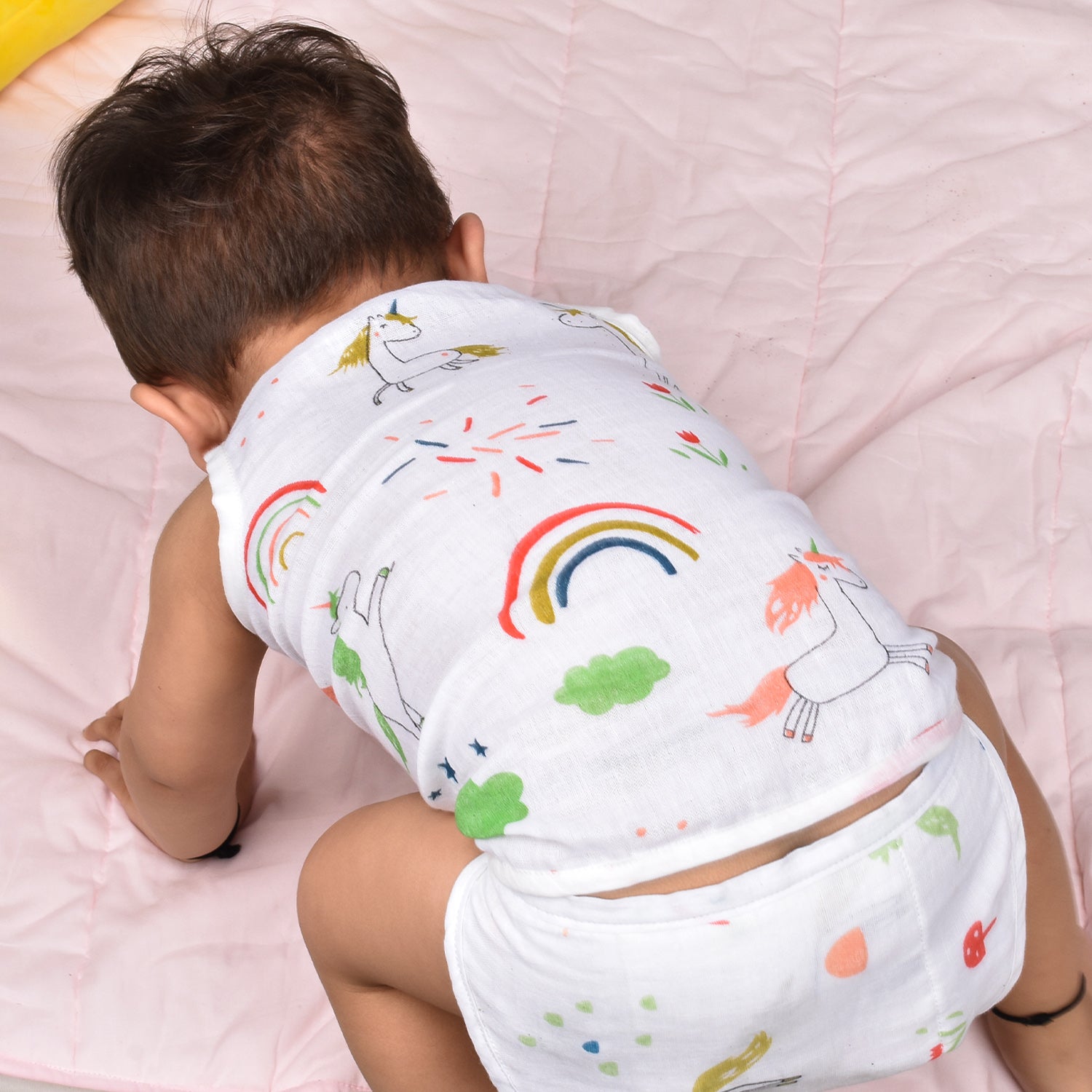 Moms Home Baby Unisex Organic Cotton Muslin Jhabla & Nappy | Unicorn | Set of  1