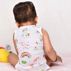 Moms Home Baby Unisex Organic Cotton Muslin Jhabla & Nappy - Unicorn - Set of  1