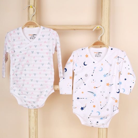 Organic Cotton Front Open Kimono Onesie For New Born Baby | Galaxy & Little Hearts  | Pack of 2