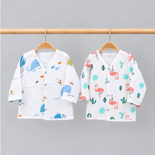 Baby Unisex Organic Cotton Muslin Full Sleeves Jhabla | Whale, Flamingo | Pack of 2