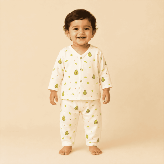 Organic Cotton Full Sleeve Baby Co-Ord Set | Soft Baby Shirt & Pant Set | Breathable Nightsuit / Sleepsuit for Infants & Toddlers | Avocado | Set of 1