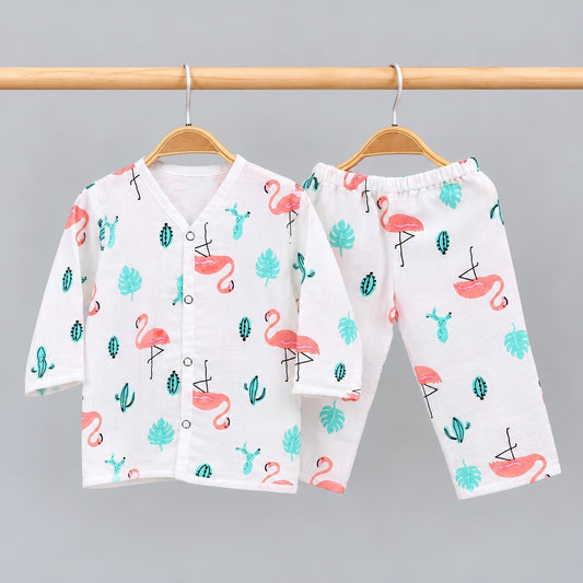 Baby Unisex Organic Cotton Muslin Full Sleeves Jhabla & Payjama | Flamingo | Set of 1