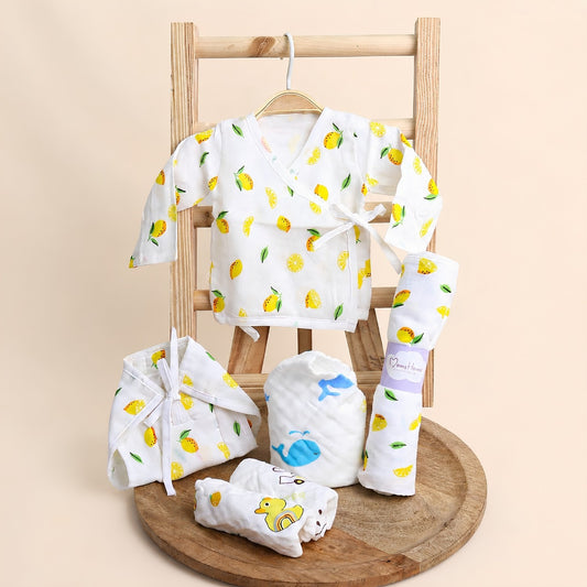 Organic Cotton Muslin Gift Combo Set For New Born Baby | Pack of 6 | Lemon