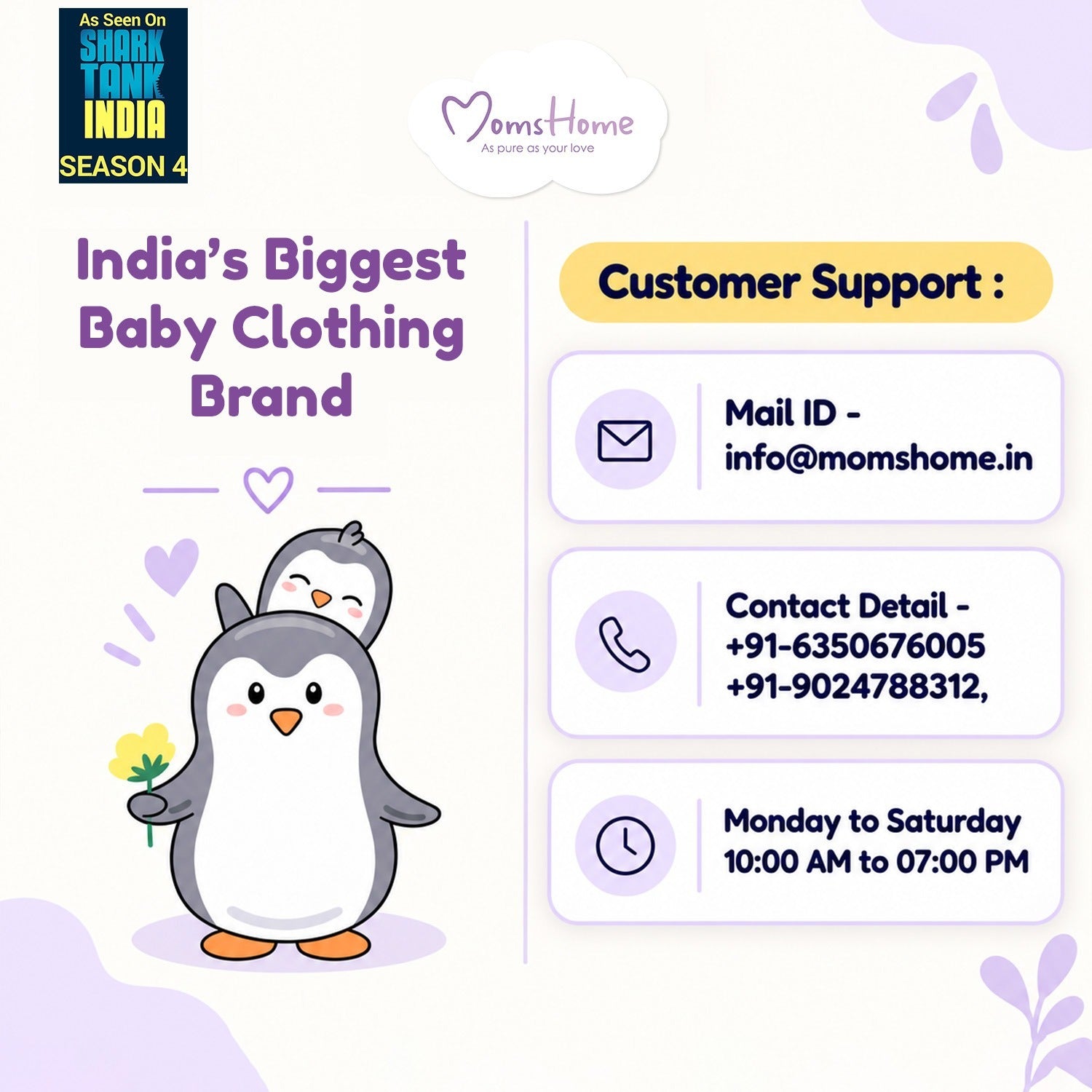 Mom's Home newborn hospital kit brand information with customer support contact details and Shark Tank India badge