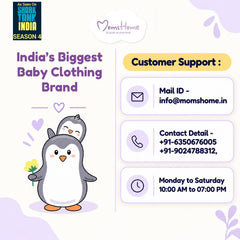 Mom's Home newborn hospital kit brand information with customer support contact details and Shark Tank India badge