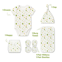 New Born Summer Essential Clothing For Boys & Girls | Organic Cotton Baby Clothing Set | Baby Shower Gift Hamper | 0-6 Months | Avocado | Pack of 6