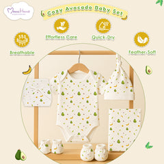 New Born Summer Essential Clothing For Boys & Girls | Organic Cotton Baby Clothing Set | Baby Shower Gift Hamper | 0-6 Months | Avocado | Pack of 6