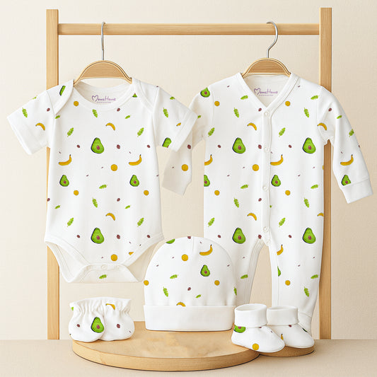 Baby Home Coming Outfit Set | Baby Shower Gift Hamper | Baby Essential Clothes Set | Avocado | 0-6 Months | Pack of 5