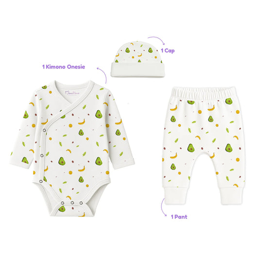 Organic Cotton Newborn Baby Clothing Set | Baby Shower Gift Hamper | Kimono Onesie, Pyjama & Cap Set | 0-6 Months | Pack of 3