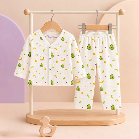 Organic Cotton Full Sleeve Baby Co-Ord Set | Soft Baby Shirt & Pant Set | Breathable Nightsuit / Sleepsuit for Infants & Toddlers | Avocado | Set of 1