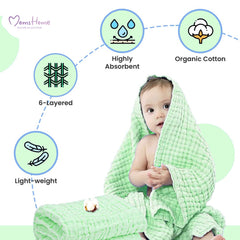 Baby Super Soft Absorbent Muslin 6 Layer wash Towel-100X100 CM-(0-3 Years)-Green
