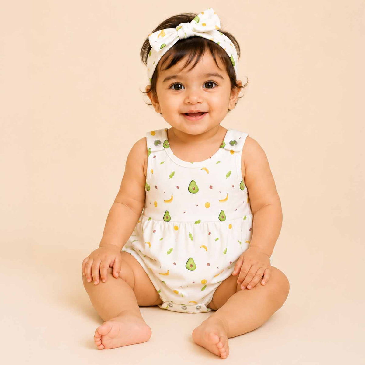 Organic Cotton Baby Frock Onesie with Bow Hair Band | Stylish Gift Set for Newborn & Infant Girls | Snap Button Romper for Babies | Avocado | Pack of 2