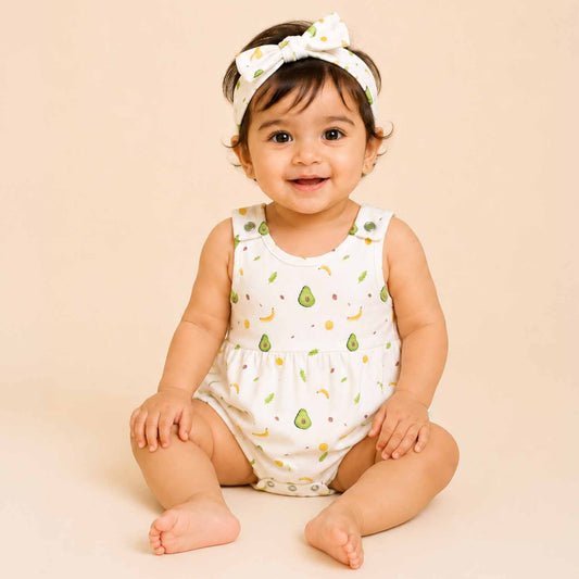 Organic Cotton Baby Frock Onesie with Bow Hair Band | Stylish Gift Set for Newborn & Infant Girls | Snap Button Romper for Babies | Avocado | Pack of 2