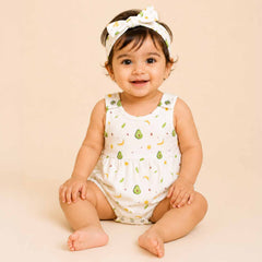 Organic Cotton Baby Frock Onesie with Bow Hair Band | Stylish Gift Set for Newborn & Infant Girls | Snap Button Romper for Babies | Avocado | Pack of 2