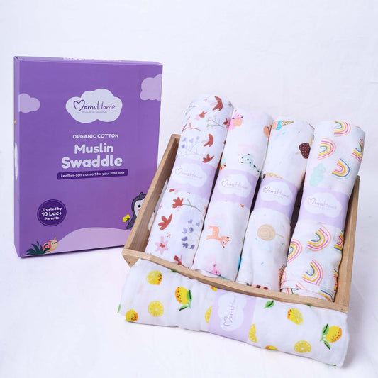Mom's Home Organic Cotton Baby Muslin Cloth Swaddle | 0-12 Months (Pack of 5)