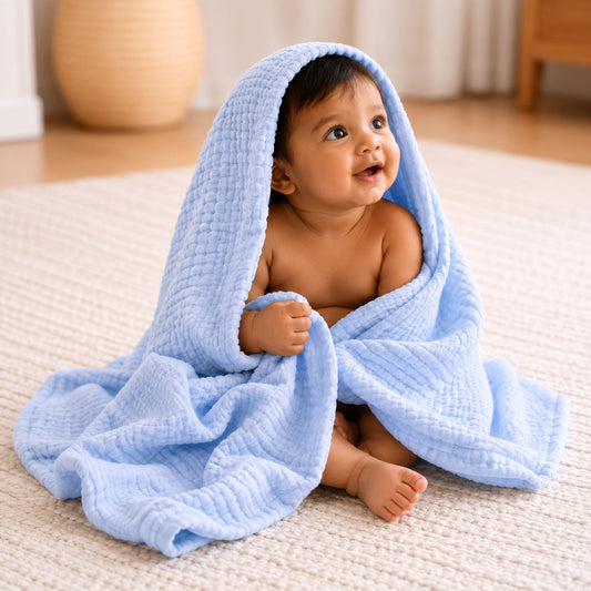 Baby Super Soft Absorbent Muslin 6 Layer wash Towel-100X100 CM-(0-3 Years)- Blue