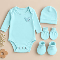 Organic Cotton Baby Full Sleeve Onesie with Cap, Mitten & Booties Set | Newborn Baby Clothing Set | Baby Shower Gift | 0-3 Months | Pack of 4