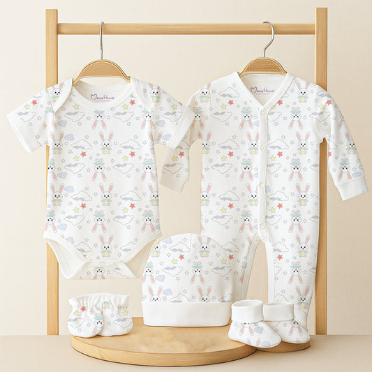 Baby Home Coming Outfit Set | Baby Shower Gift Hamper | Baby Essential Clothes Set | Bunny | 0-6 Months | Pack of 5