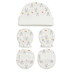 Designer Cap Mitten Bootie Set For New Born Baby | 0-3 Months | Lemon, Bunny, Car | Pack of 3