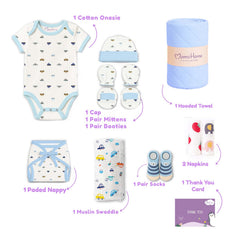 Organic Cotton Baby Essentials Gift Set | Baby Shower Gift Hamper | Baby Clothing Gift Combo | Car | Pack of 10