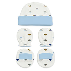 Designer Cap Mitten Bootie Set For New Born Baby | 0-3 Months | Lemon, Bunny, Car | Pack of 3
