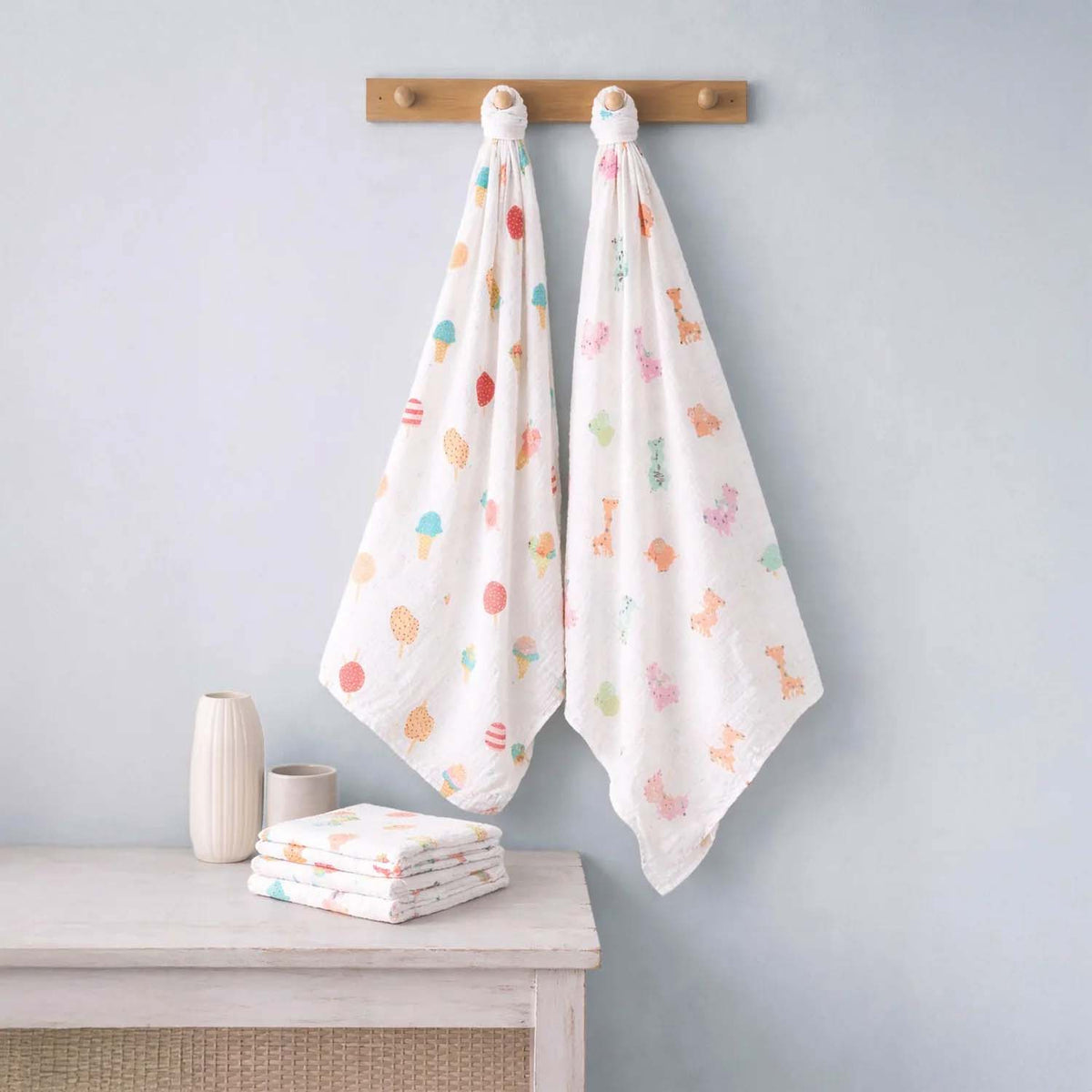 Baby Muslin Swaddle | 100x100 CM | Pack of 2 | Icecream, Animal