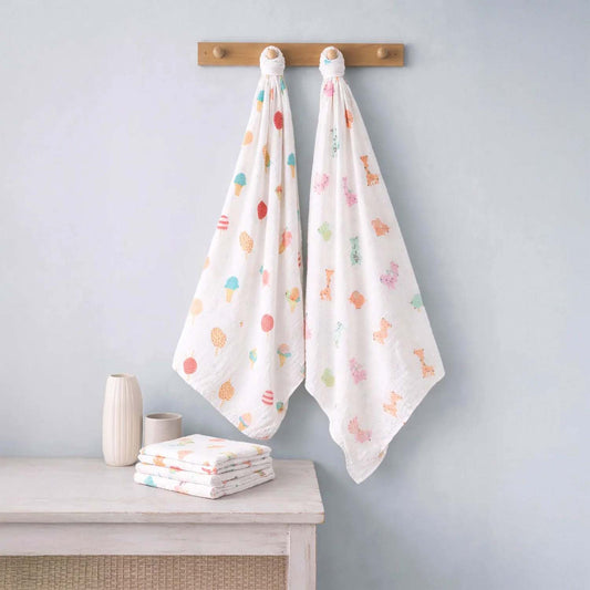 Baby Muslin Swaddle | 100x100 CM | Pack of 2 | Icecream, Animal