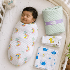 Organic Cotton Baby Essentials Gift Set | Baby Shower Gift Hamper | Towel & Swaddle Combo | 0- 1 Years | 5 Items