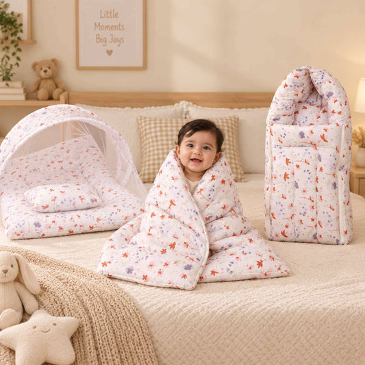 Baby Bedding Set | Mosquito Net, AC Quilt & Sleeping Bag | Blossom | Pack of 3