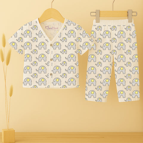 Babyhug Sleeveless Jhabla & Full Length Pajama Set With Elephant Print - Blue main image 1
