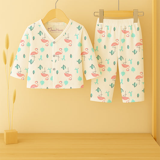 Baby Unisex Organic Cotton Muslin Full Sleeves Jhabla & Payjama | Flamingo | Set of 1