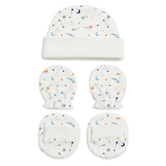 Designer Cap Mitten Bootie Set For New Born Baby | 0-3 Months | Little Hearts, Galaxy, Car, Lemon | Pack of 4