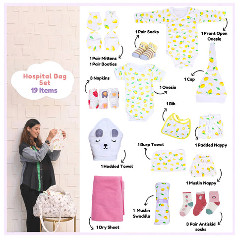Organic Cotton New Born Baby Hospital Bag Kit | 0-6 Months | 19 Items | Lemon