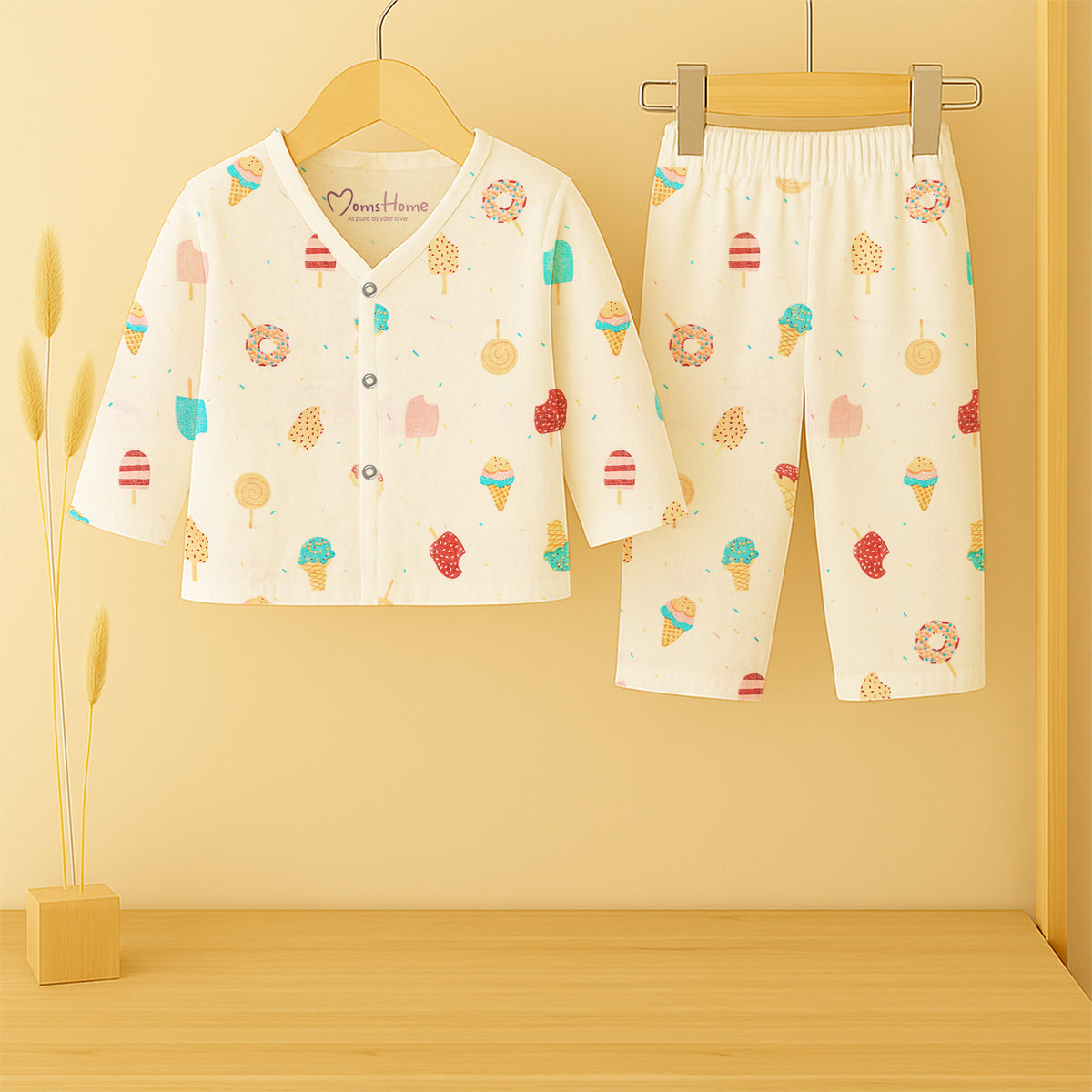 Organic Cotton Muslin Full Sleeves Jhabla & Pyjama For New Born | 0-12 Months | Icecream | Set of 1
