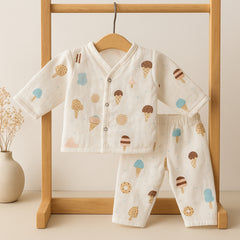 Organic Cotton Muslin Full Sleeves Jhabla & Pyjama For New Born | 0-12 Months | Icecream | Set of 1