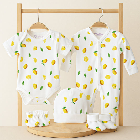 Baby Home Coming Outfit Set | Baby Shower Gift Hamper | Baby Essential Clothes Set | Lemon | 0-6 Months | Pack of 5