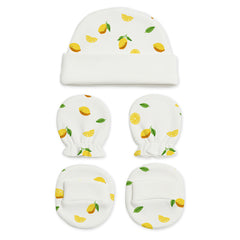 Designer Cap Mitten Bootie Set For New Born Baby | 0-3 Months | Lemon, Bunny, Car | Pack of 3
