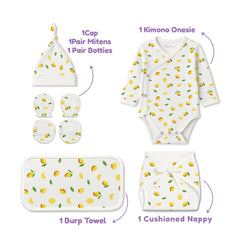 Organic Cotton Baby Essentials Gift Set | Baby Shower Gift Hamper | Baby Clothing Gift Combo | Lemon | Pack of 6